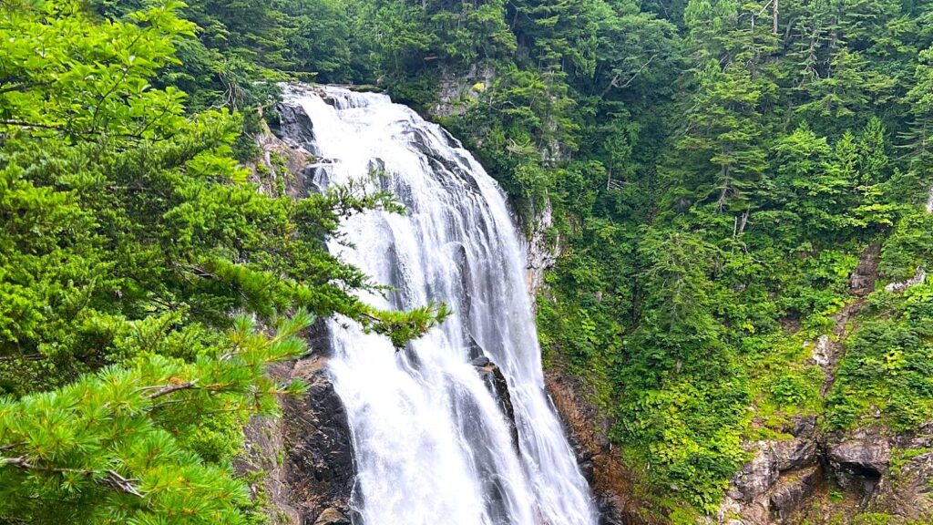 Sanjo Falls surrounded by green forest in Oze, Japan